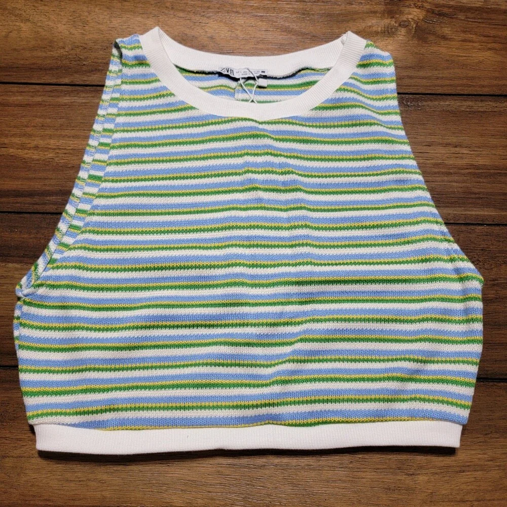 Zara Knit Top Yellow Green White & Blue Stripes - Size Large NWT